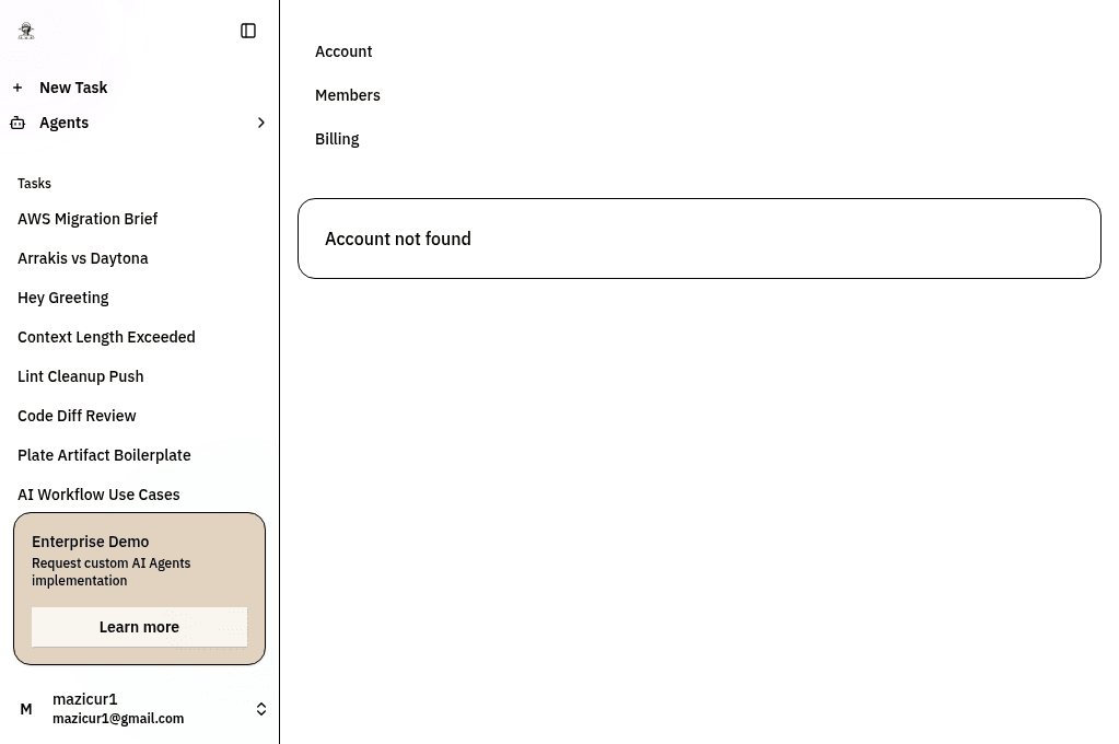 App Integrations showing connected services: Gmail, GitHub, Notion, and Google Calendar with tool counts