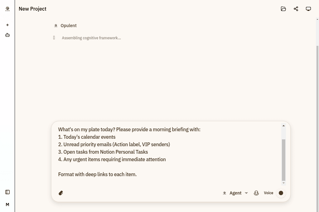 Chat interface showing morning briefing request with calendar, emails, and Notion tasks