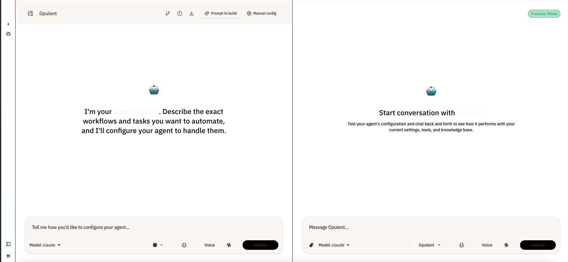 Opulent OS Agent Builder interface showing agent creation workflow